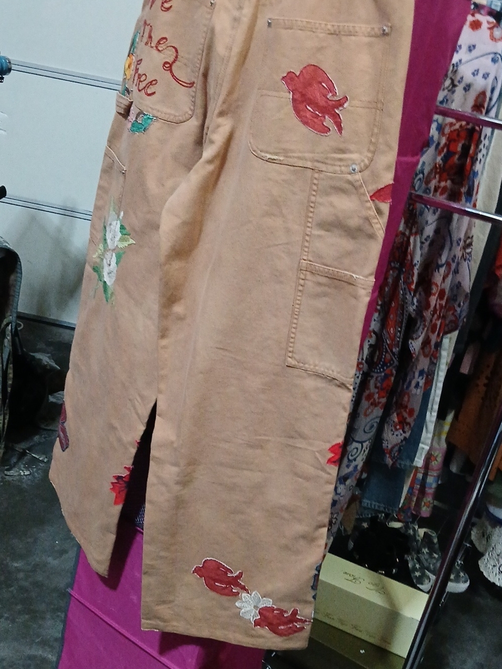 Free People "Bright Time Craft" Tan Embroidered Floral Wide-Leg Jeans - Picture 14 of 14